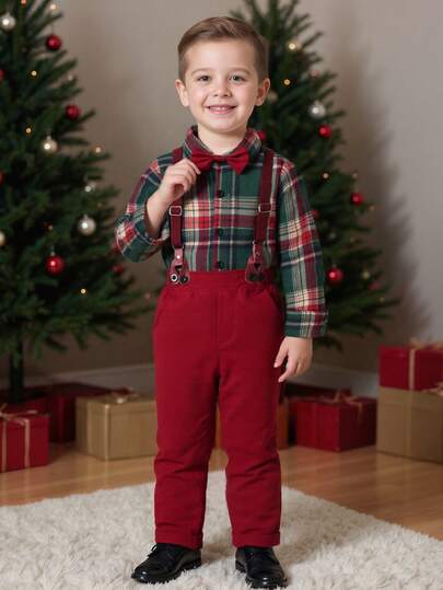 BOARNSEORL Tenue de gentleman pour jeunes garçons, chemise à manches longues rayée avec nœud papillon aléatoire et salopette, mode, convient pour les fêtes de Noël, les mariages, les célébrations d'anniversaire