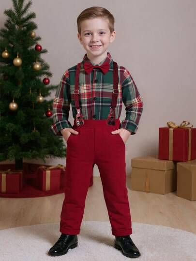BOARNSEORL Tenue de gentleman pour jeunes garçons, chemise à manches longues rayée avec nœud papillon aléatoire et salopette, mode, convient pour les fêtes de Noël, les mariages, les célébrations d'anniversaire