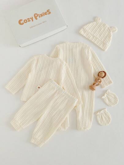 Cozy Pixies Ensemble cadeau décontracté unisexe pour nouveau-né (body + Top + pantalon + chapeau + moufles), couleur unie confortable, ensemble de vêtements neutres pour nourrissons, ensemble cadeau unisexe pour nouveau-né, tenue unisexe pour nouveau-né
