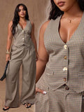 Rustia Ensemble 2 pièces grande taille pour femmes : Gilet décontracté marron + Pantalon