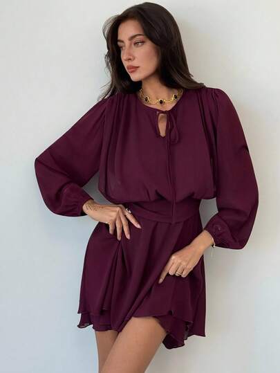 Aloruh Robe courte à volants, manches longues, style romantique, violet prune, pour les festivals et les rendez-vous amoureux