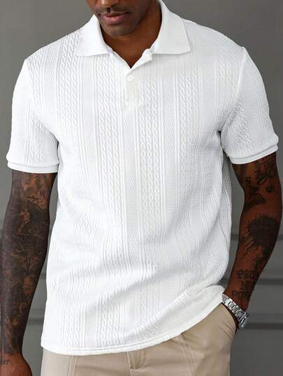 HUEFORM Chemise polo décontractée texturée à rayures géométriques blanches pour hommes, formelle