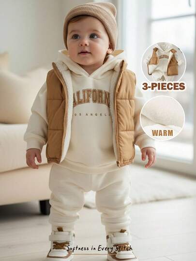 Cozy Pixies Ensemble 3 pièces pour bébé garçon beige, automne, décontracté, Sweat-shirt-shirt à capuche en tricot doux avec imprimé lettre Date, pantalon d'hiver à taille élastique & gilet matelassé sans manches, tenues nouveau-né