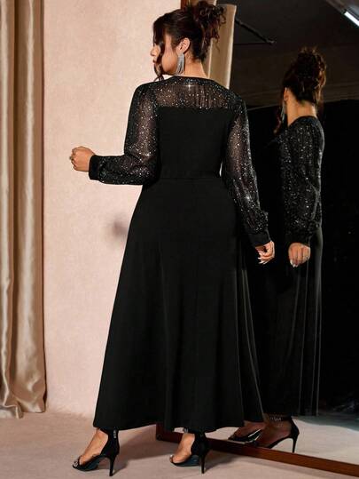 Cravure Robe maxi en maille pailletée pour femmes grandes tailles, robe en tissu tricoté noir avec manches lanternes, robe de soirée maxi élégante pour soirée en club