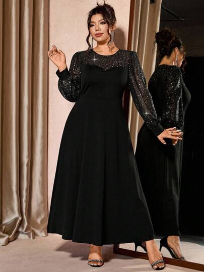 Cravure Robe maxi en maille pailletée pour femmes grandes tailles, robe en tissu tricoté noir avec manches lanternes, robe de soirée maxi élégante pour soirée en club