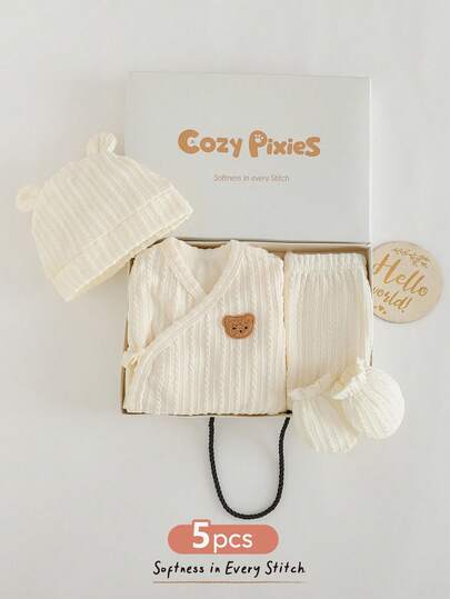 Cozy Pixies Ensemble cadeau décontracté unisexe pour nouveau-né (body + Top + pantalon + chapeau + moufles), couleur unie confortable, ensemble de vêtements neutres pour nourrissons, ensemble cadeau unisexe pour nouveau-né, tenue unisexe pour nouveau-né