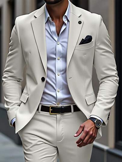 Manfinity Mode Ensemble de costume formel 2 pièces pour hommes, blazer à col à revers simple boutonnage & pantalon, couleur champagne, pour l'automne, pour cérémonie