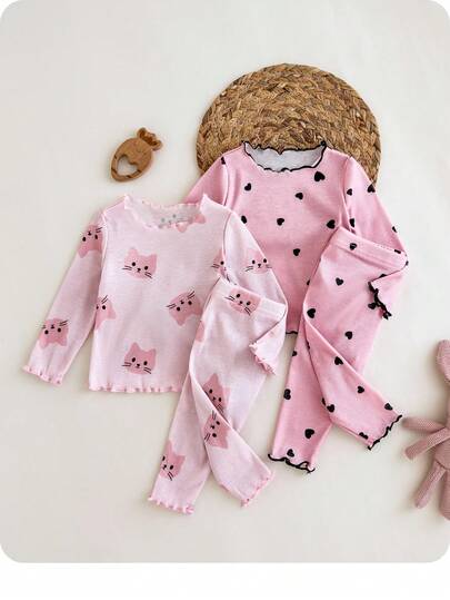 4 pièces/set Top à manches longues en tricot imprimé de bébé fille mignonne de dessin animé et pantalon long à taille élastique, automne/hiver