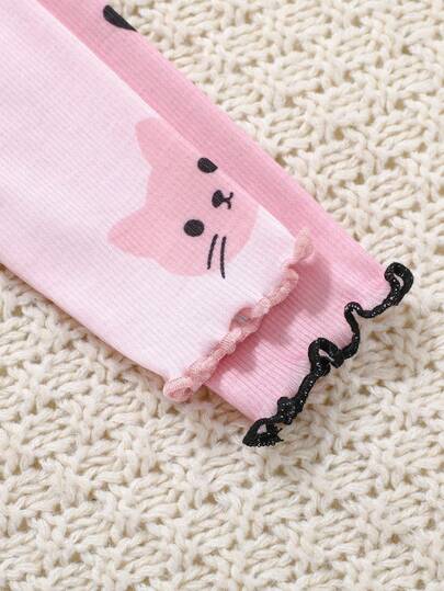 4 pièces/set Top à manches longues en tricot imprimé de bébé fille mignonne de dessin animé et pantalon long à taille élastique, automne/hiver