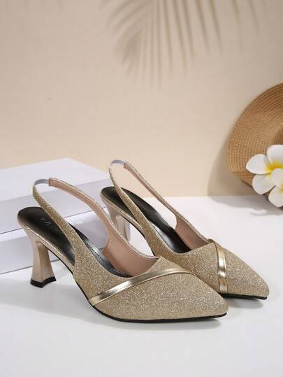 Chaussures à talons hauts slingback à bout pointu pour femmes, été 2026, escarpins élégants à talons fins pailletés, sandales polyvalentes à bout ajouré, disponibles en 4 couleurs : doré, argent, noir et à pois, semelle souple confortable et antidérapante