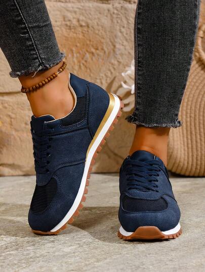 Baskets décontractées légères à lacets et blocs de couleurs rétro pour femmes, chaussures de sport mode à bout rond, baskets femmes