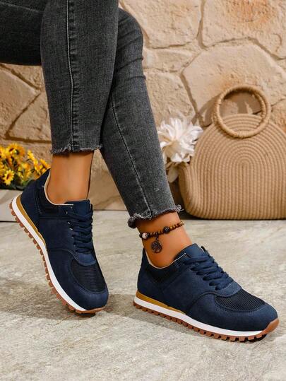 Baskets décontractées légères à lacets et blocs de couleurs rétro pour femmes, chaussures de sport mode à bout rond, baskets femmes