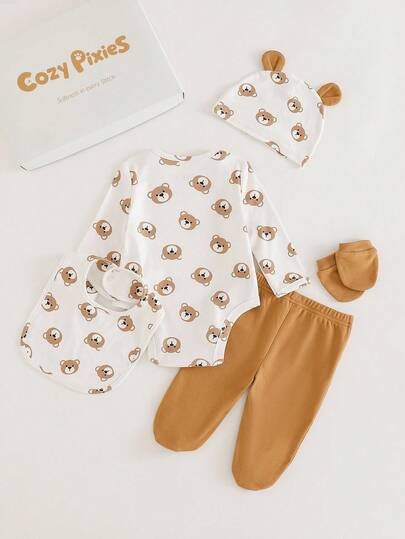 Cozy Pixies Ensemble cadeau mignon et minimaliste pour nouveau-né avec ours (body + pantalon + bonnet + moufles + bavoir)