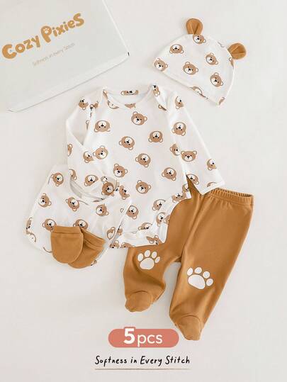 Cozy Pixies Ensemble cadeau mignon et minimaliste pour nouveau-né avec ours (body + pantalon + bonnet + moufles + bavoir)