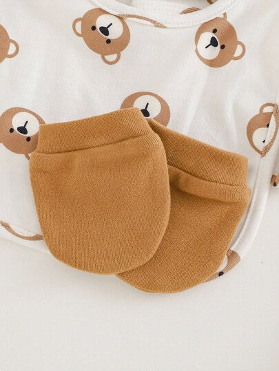 Cozy Pixies Ensemble cadeau mignon et minimaliste pour nouveau-né avec ours (body + pantalon + bonnet + moufles + bavoir)