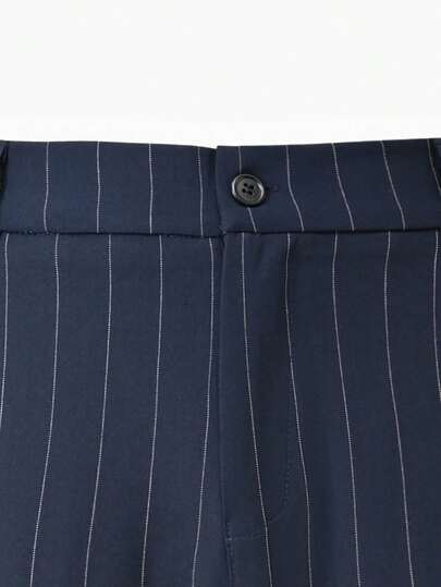 Manfinity Mode Ensemble de costume pour homme bleu marine à rayures, blazer à double boutonnage avec revers et poches, et pantalon, ensemble de voyage d'affaires, 2 pièces à rayures fines, formel, cérémonie