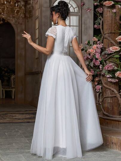 Robe de soirée élégante et vintage pour femmes avec imprimé floral, maille et dentelle contrastée, pour enterrement de vie de jeune fille, mariage, enterrement de vie de jeune fille, fiançailles, brunch, lune de miel, réception, répétition, bal de promo,