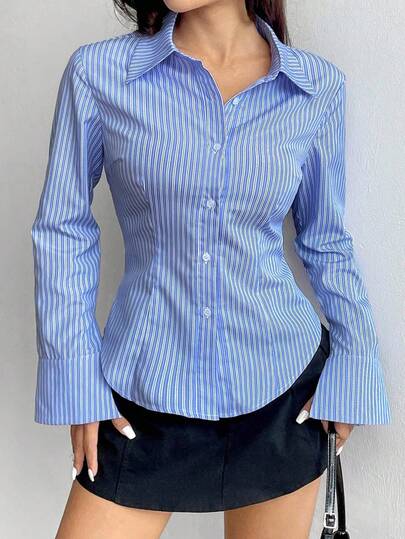 Sweetra Chemise à manches longues à boutons avec imprimé rayé coupe slim de couleur unie