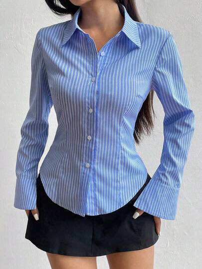 Sweetra Chemise à manches longues à boutons avec imprimé rayé coupe slim de couleur unie