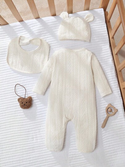 Souflis Ensemble 3 pièces nouveau-né : barboteuse à manches longues avec pieds, bavoir et bonnet, blanc cassé, automne/hiver, mignon, assorti pour la famille, en tricot jacquard avec broderie d'ours