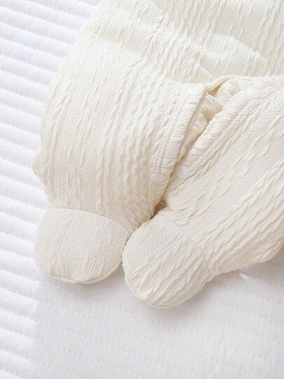 Souflis Ensemble 3 pièces nouveau-né : barboteuse à manches longues avec pieds, bavoir et bonnet, blanc cassé, automne/hiver, mignon, assorti pour la famille, en tricot jacquard avec broderie d'ours