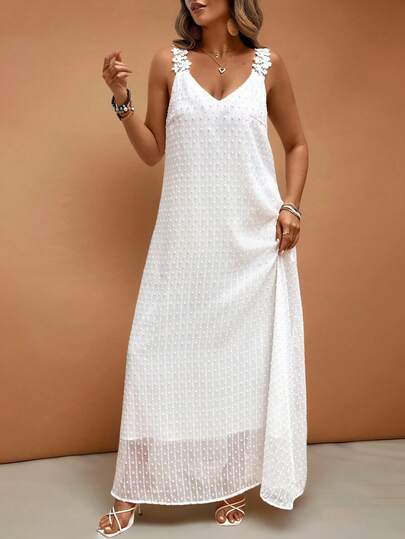 LUNE Robe élégante de style français pour femmes grandes tailles, avec bordure en dentelle, couleur unie, blanche, pour mariage, vacances, soirée en amoureux, été