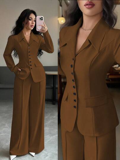 Elenzga Blazer épais en tissu abricot à col V pour femmes, design avec boutons contrastants noirs, fausses poches, tenue professionnelle élégante, idéale pour l'enseignante. Ambiance de Thanksgiving et Halloween, nouvelle arrivée automnale, ensemble mode