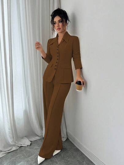 Elenzga Blazer épais en tissu abricot à col V pour femmes, design avec boutons contrastants noirs, fausses poches, tenue professionnelle élégante, idéale pour l'enseignante. Ambiance de Thanksgiving et Halloween, nouvelle arrivée automnale, ensemble mode