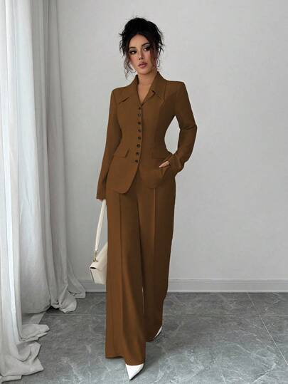 Elenzga Blazer épais en tissu abricot à col V pour femmes, design avec boutons contrastants noirs, fausses poches, tenue professionnelle élégante, idéale pour l'enseignante. Ambiance de Thanksgiving et Halloween, nouvelle arrivée automnale, ensemble mode