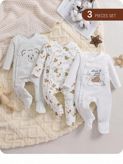 Barboteuse en tricot à manches longues avec col oblique, motif ourson mignon pour bébé garçon, confortable