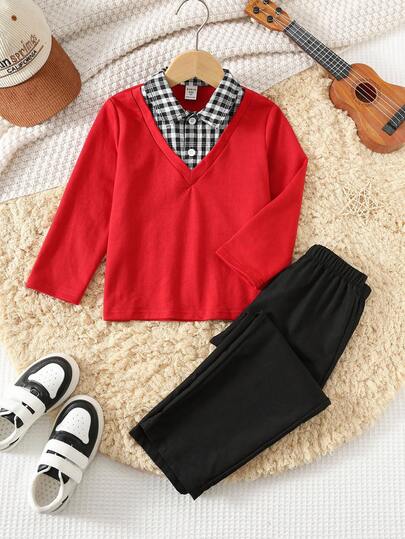 2 pièces/set Top à manches longues et pantalon assortis style universitaire avec col à carreaux et blocs de couleurs pour jeune garçon. Doublure thermique en tissu épais, convient pour l'hiver et Noël