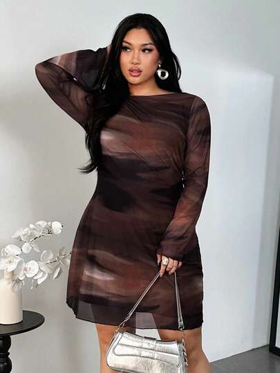 Firerie Robe mini transparente en maille pour femmes grandes tailles, dégradé tie-dye, dos nu, manches évasées, marron chocolat, automne, élégante, pour soirée, club, vacances et plage