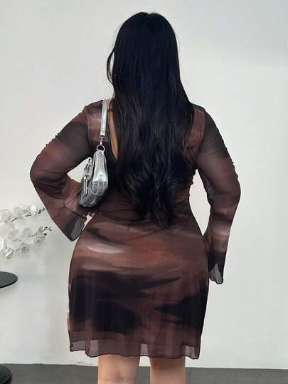 Firerie Robe mini transparente en maille pour femmes grandes tailles, dégradé tie-dye, dos nu, manches évasées, marron chocolat, automne, élégante, pour soirée, club, vacances et plage
