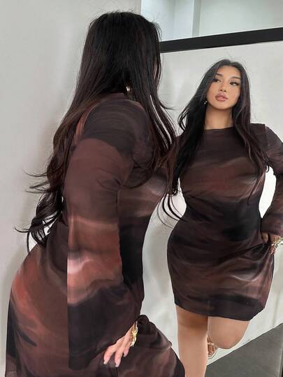Firerie Robe mini transparente en maille pour femmes grandes tailles, dégradé tie-dye, dos nu, manches évasées, marron chocolat, automne, élégante, pour soirée, club, vacances et plage