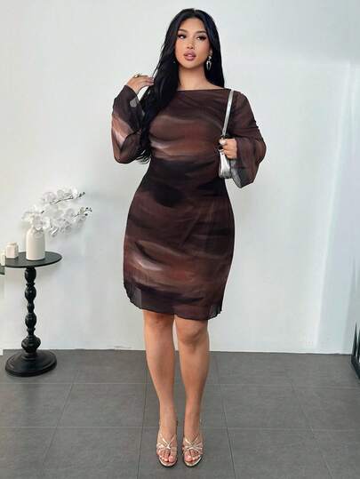 Firerie Robe mini transparente en maille pour femmes grandes tailles, dégradé tie-dye, dos nu, manches évasées, marron chocolat, automne, élégante, pour soirée, club, vacances et plage