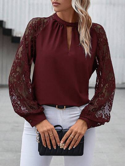 Clasi Blouse élégante pour femmes avec encolure à trou de serrure, patchwork en dentelle et manches raglan, automne