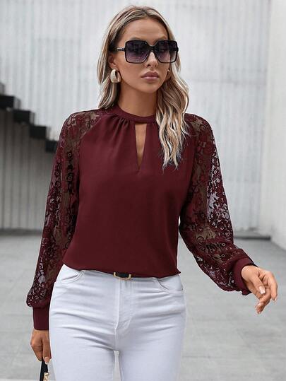Clasi Blouse élégante pour femmes avec encolure à trou de serrure, patchwork en dentelle et manches raglan, automne