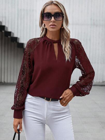 Clasi Blouse élégante pour femmes avec encolure à trou de serrure, patchwork en dentelle et manches raglan, automne