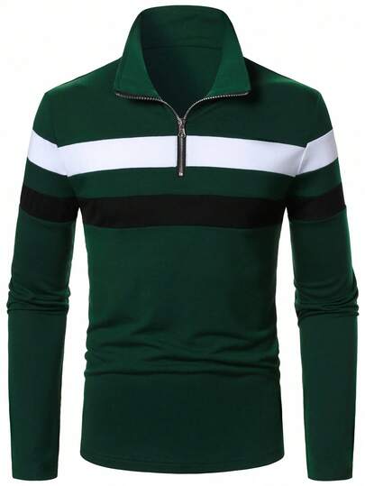 NEOREFINED Chemise polo décontractée à manches longues, à rayures, avec demi-patte de boutonnage contrastée et patchwork, automne