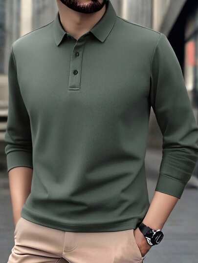 Chemise polo décontractée ample à manches longues pour hommes, en polyester léger, style minimaliste business décontracté campus