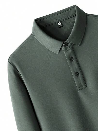 Chemise polo décontractée ample à manches longues pour hommes, en polyester léger, style minimaliste business décontracté campus