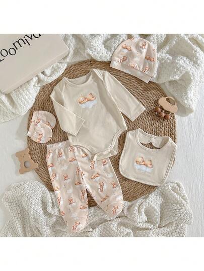 Loomiva Ensemble de 5 pièces pour bébé nouveau-né : body en tricot à col ras-du-cou avec imprimé ours de dessin animé, pantalon à taille élastique, bavoir, moufles et chapeau