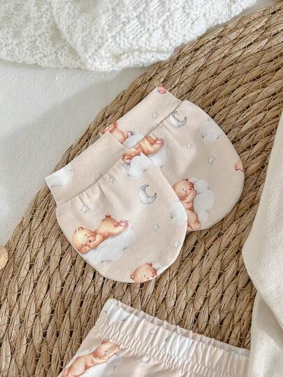 Loomiva Ensemble de 5 pièces pour bébé nouveau-né : body en tricot à col ras-du-cou avec imprimé ours de dessin animé, pantalon à taille élastique, bavoir, moufles et chapeau