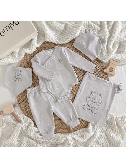 Loomiva Nouveau-né bébé garçon/fille 5 pièces/set cadeau minimaliste et confortable avec motif ours (Top + pantalon + chapeau + bavoir + sac de rangement)
