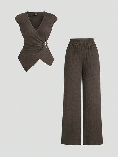 Sweetra 2 pièces Ensemble minimaliste de femmes pour le trajet, en tricot texturé confortable avec boucle métallique décorative, automne
