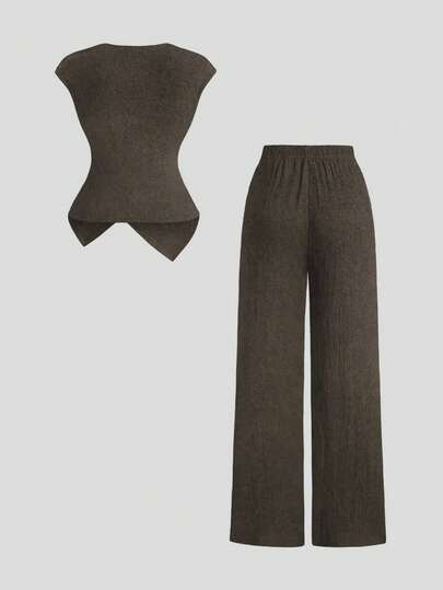 Sweetra 2 pièces Ensemble minimaliste de femmes pour le trajet, en tricot texturé confortable avec boucle métallique décorative, automne