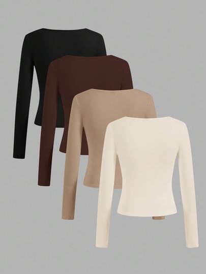 Essnce 4 pièces/set T-shirts carrés minimalistes décontractés pour femmes, couleur unie, convenant à l'automne/hiver, au layering, aux activités extérieures, sous-vêtements