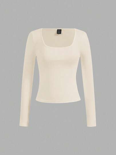 Essnce 4 pièces/set T-shirts carrés minimalistes décontractés pour femmes, couleur unie, convenant à l'automne/hiver, au layering, aux activités extérieures, sous-vêtements