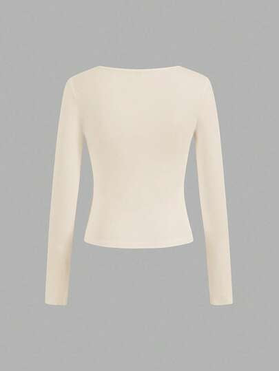 Essnce 4 pièces/set T-shirts carrés minimalistes décontractés pour femmes, couleur unie, convenant à l'automne/hiver, au layering, aux activités extérieures, sous-vêtements