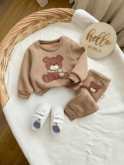 Ensemble sweat-shirt et pantalon d'hiver pour bébé fille nouveau-né, motif ours dessin animé beige, style mignon automne et fêtes, manches longues, couleur camel, neutre unisexe, marron moka